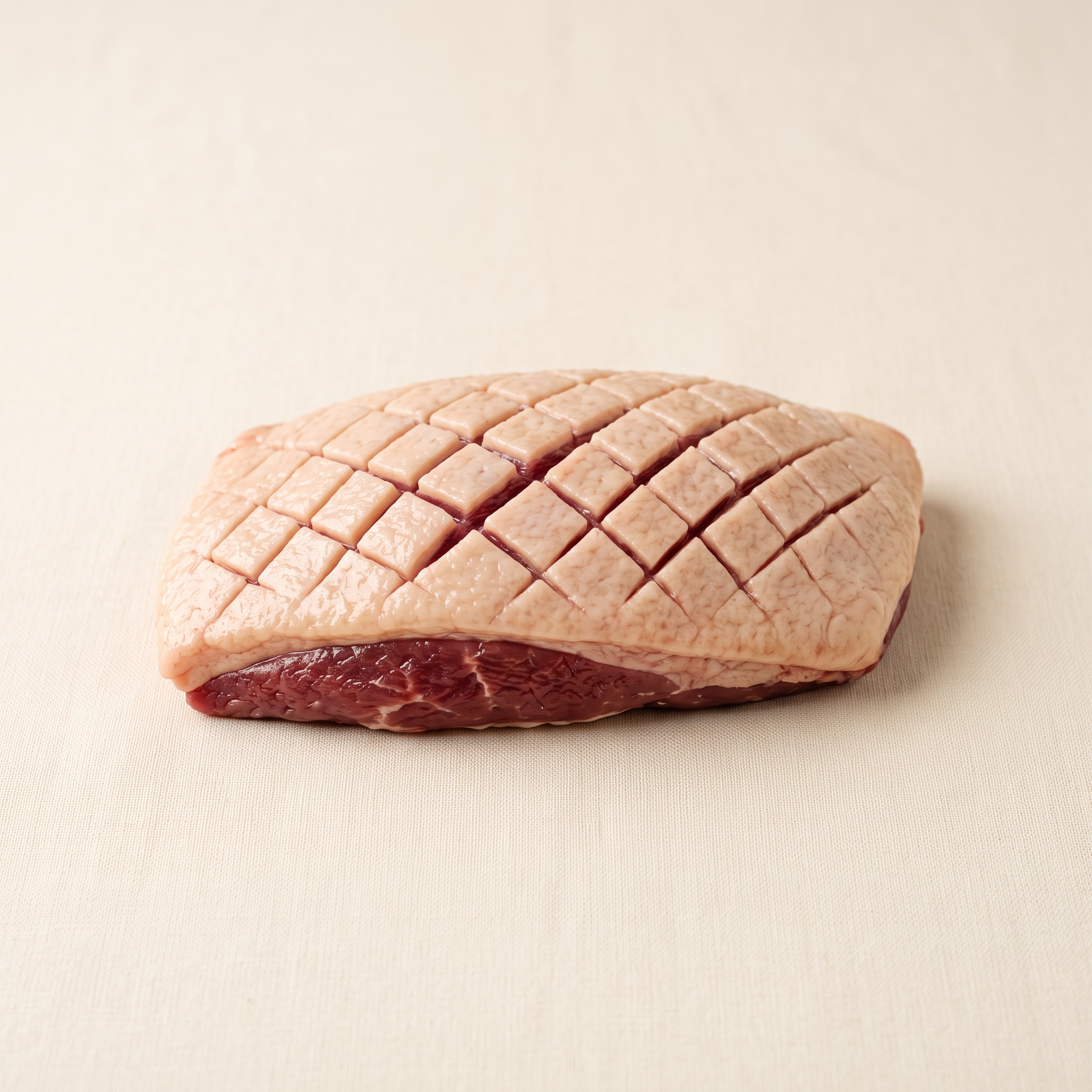 Raw duck magret with scored fat