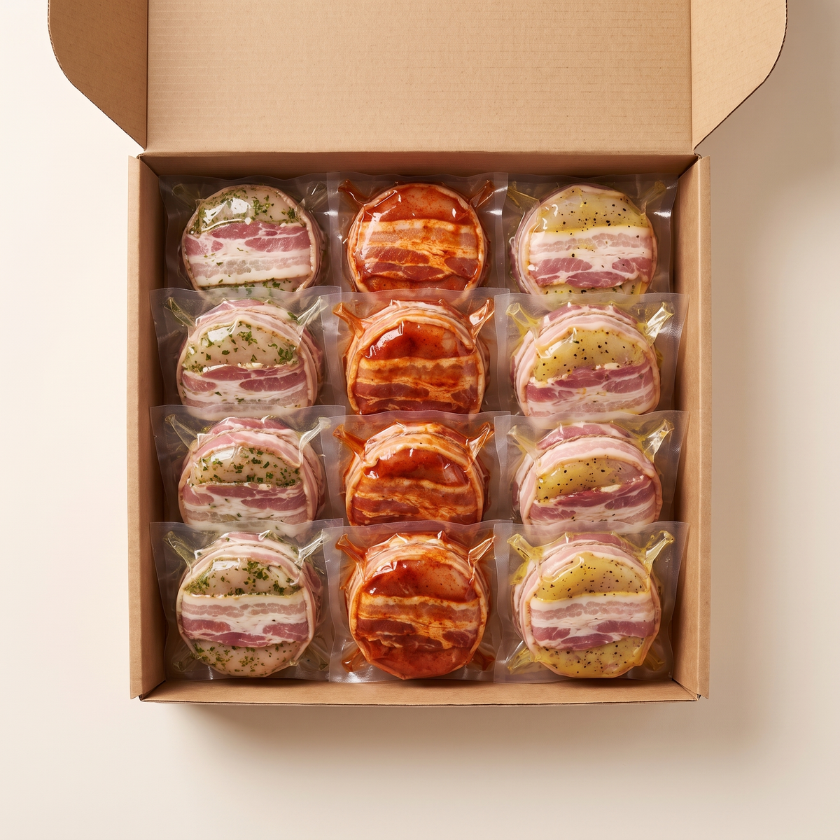 Full box — vacuum-sealed portions of chicken tournedos trio