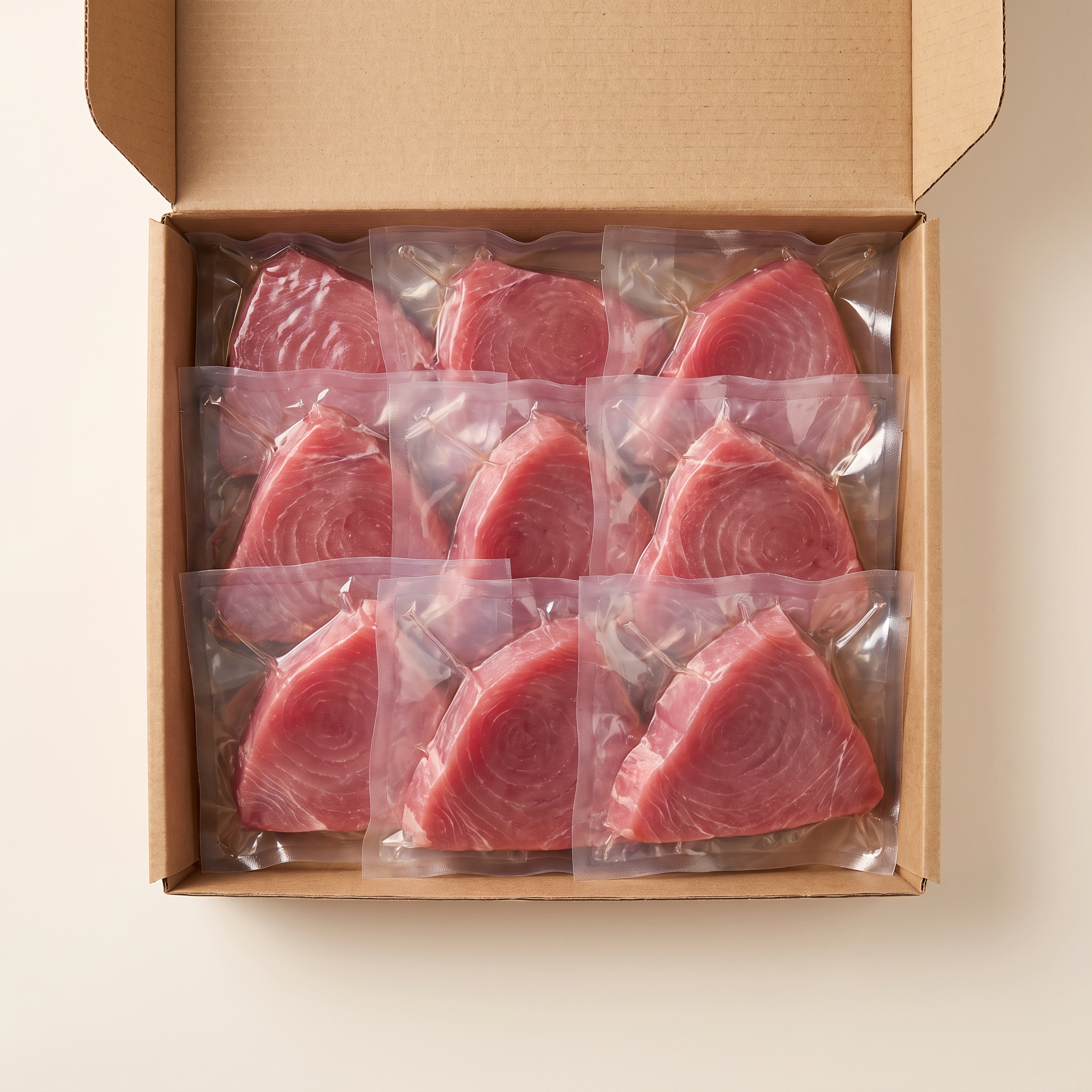 Full box — vacuum-sealed portions of wild tuna steaks
