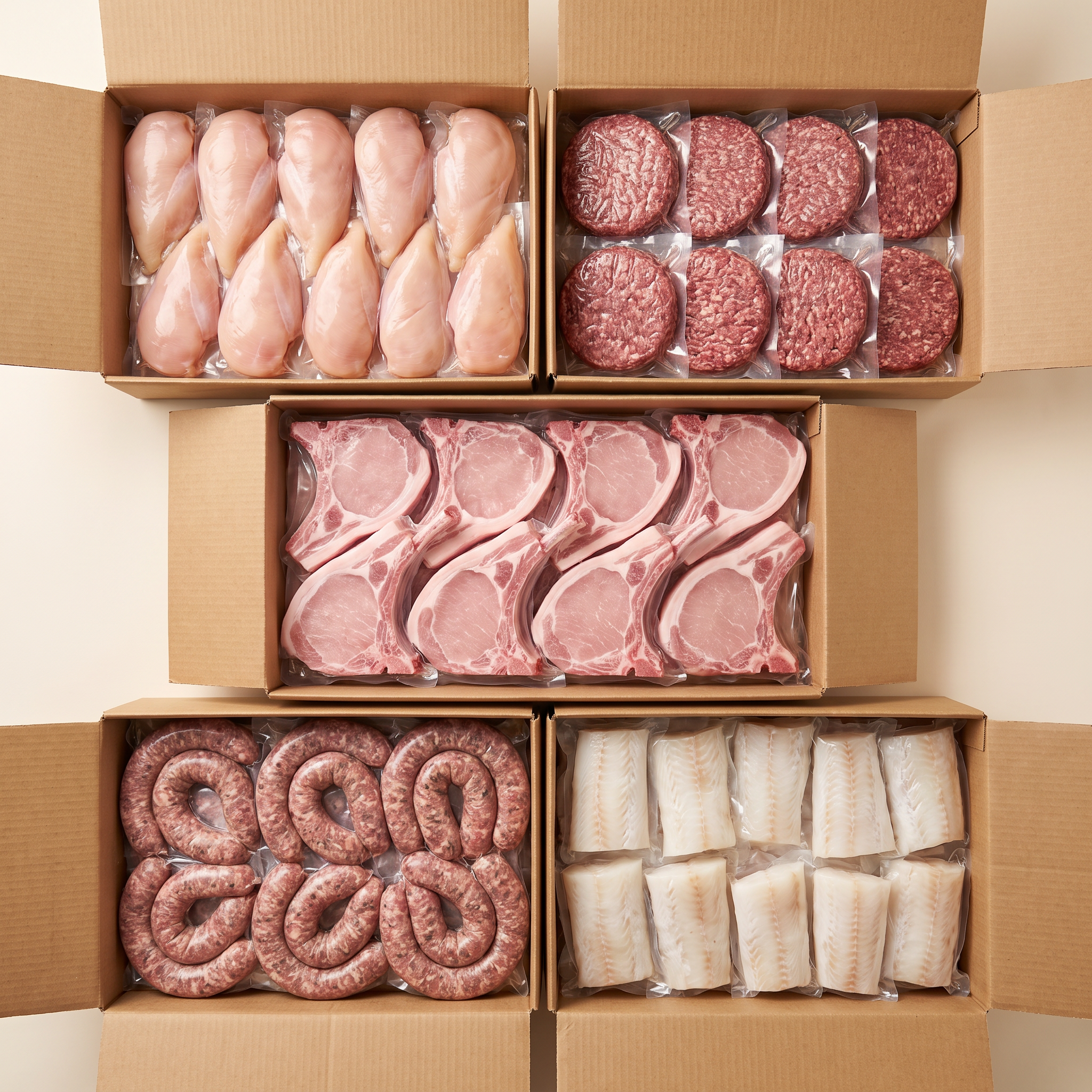 The Family Stock-Up bundle — five full boxes: chicken, ground beef, pork chops, Italian sausages, cod