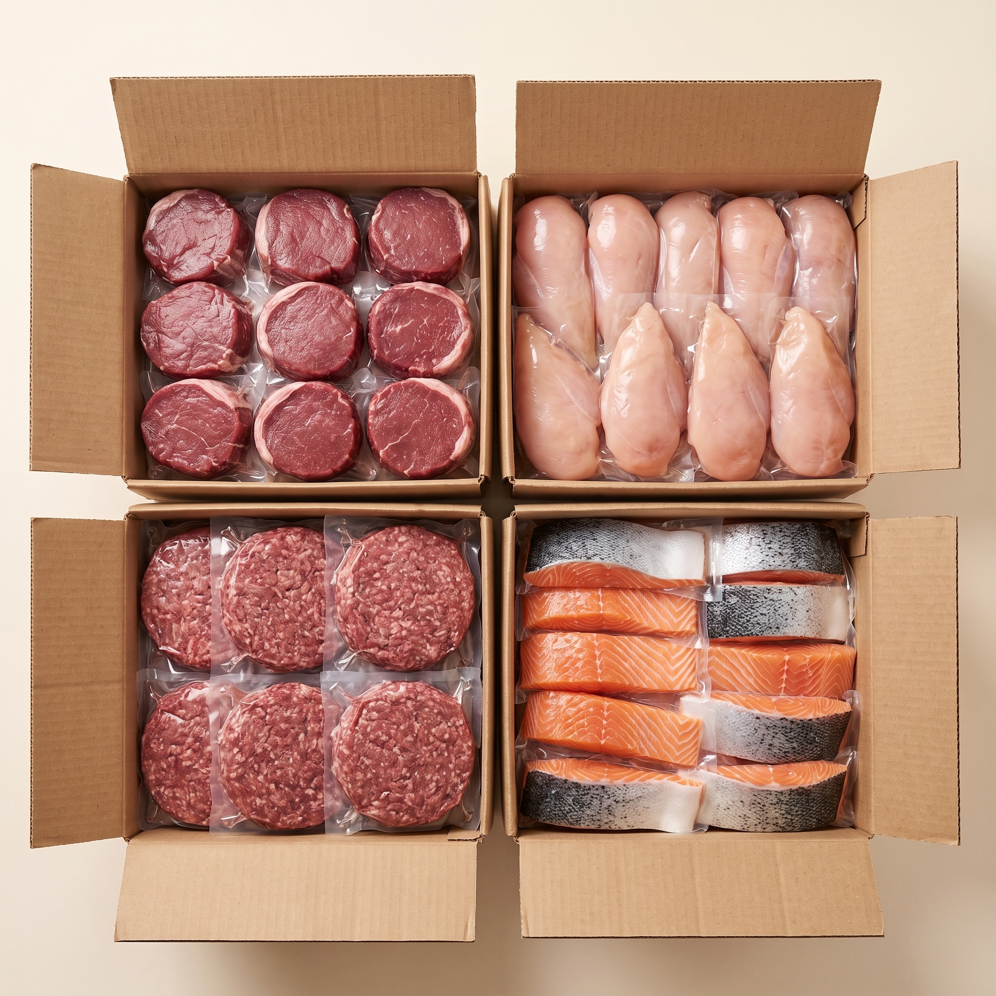 The Starter bundle — four full boxes: lean filet mignon, chicken breasts, ground beef, wild salmon