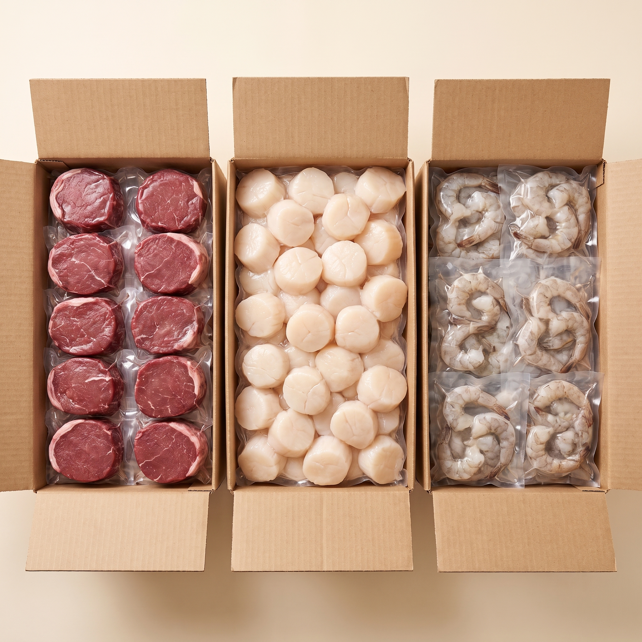 Surf & Turf bundle — three full boxes: lean filet mignon, XXL scallops, XL shrimp