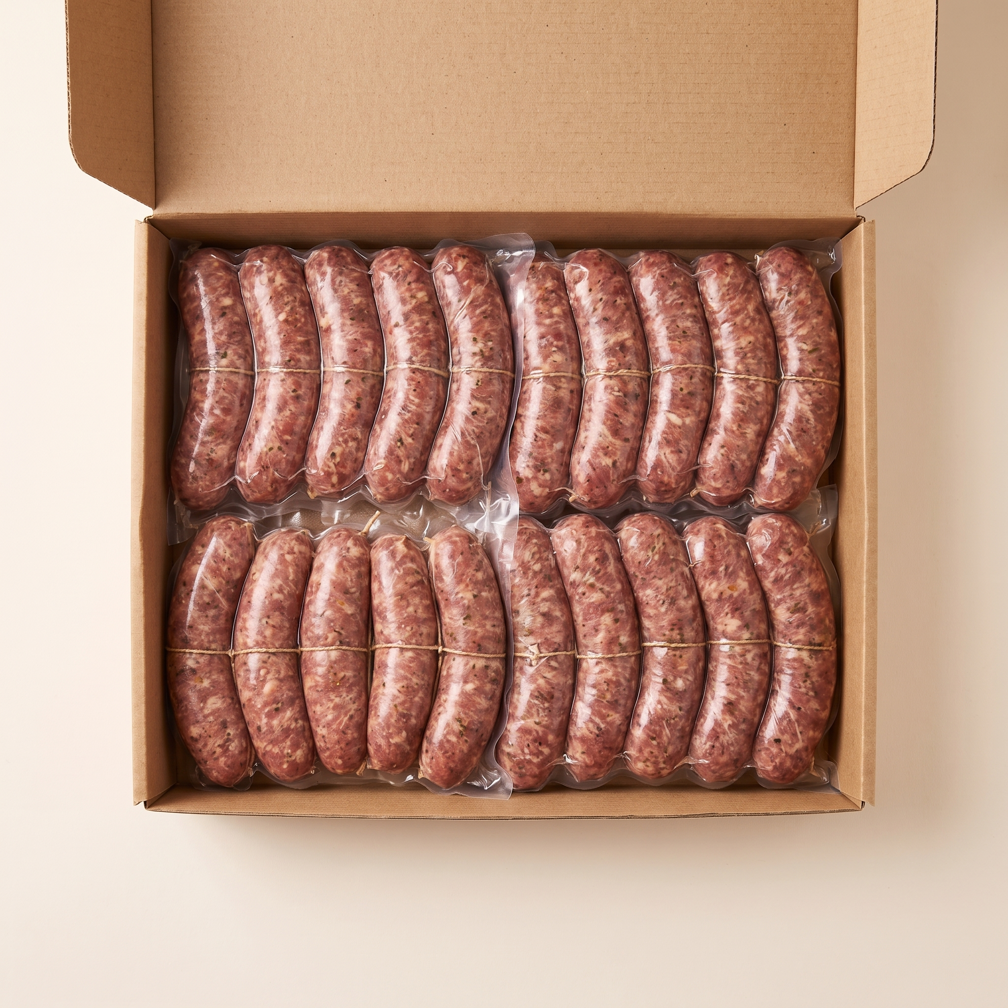 Full box — twenty vacuum-sealed wild boar sausages