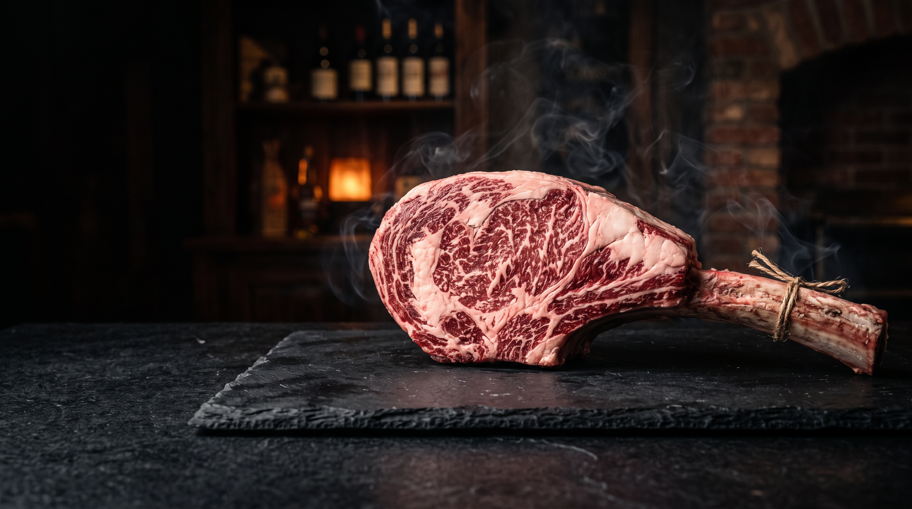 Tomahawk steak on dark slate — MTL Meats hero